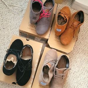 Tom's suede booties black, chestnut, grey and taupe.